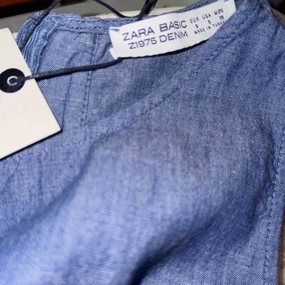 NWT ZARA Denim Ruffle Playsuit Romper Mini Crew Chambray Light Blue Cotton Linen - Picture 4 of 7